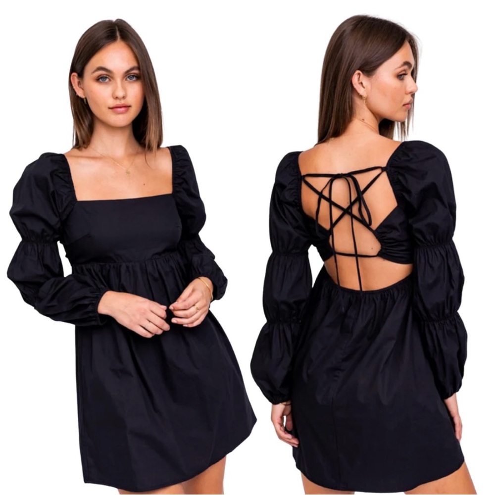Black Puff Sleeve Dress with Open Back and Ties